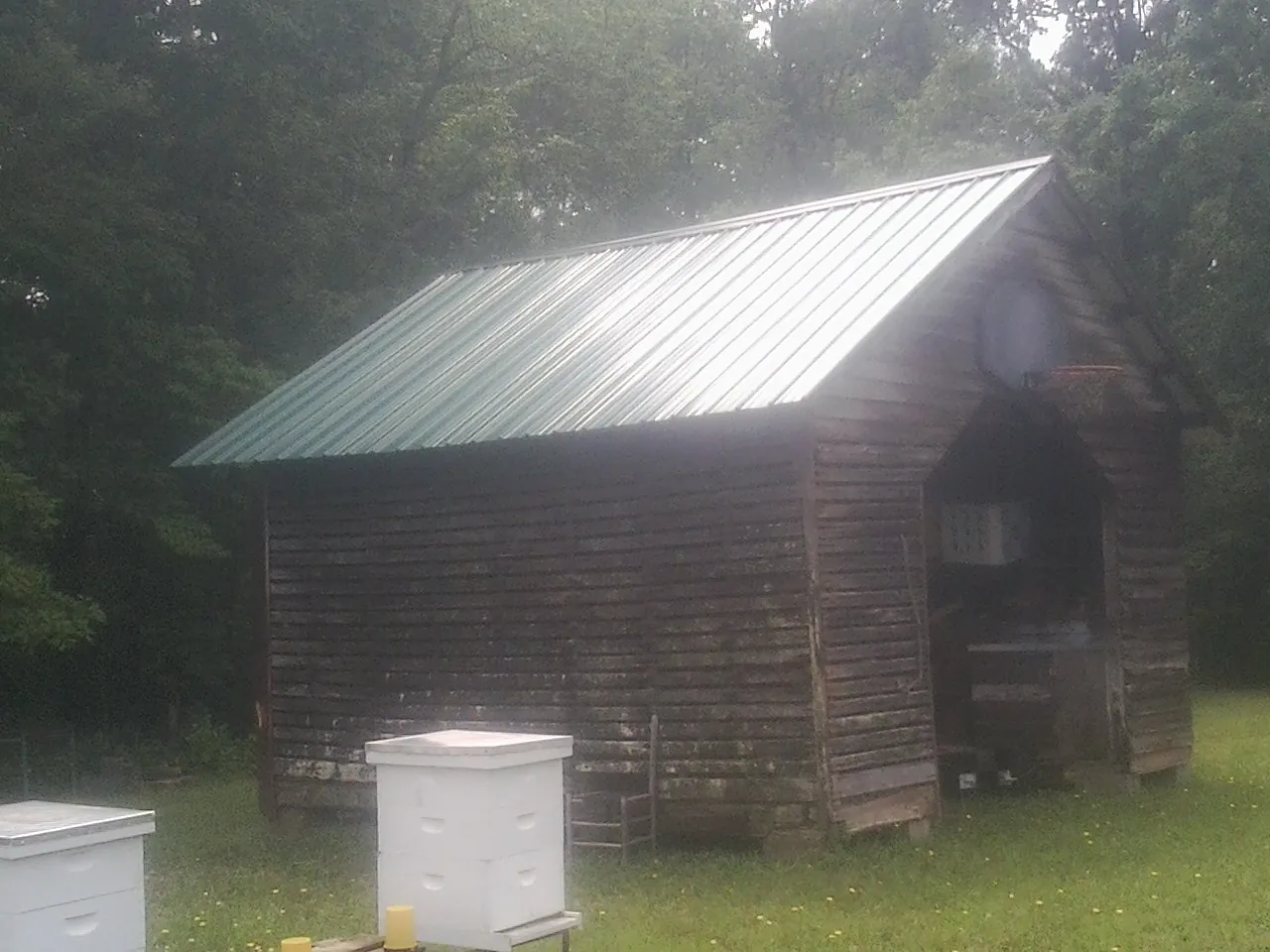 Green metal roof on a weathered barn beside stacked beehives in Rocky